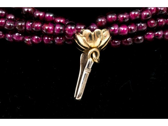 Pretty Eight Strand Garnet Bead Torsade Necklace, With A 14k Yellow Gold Ball Style Bead Clasp