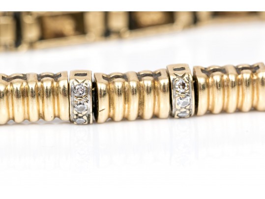 14k Gold Stylish Ribbed And Diamond Link Line Bracelet, Approximately 0.45 TCW