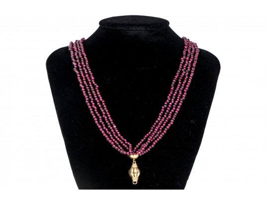 Pretty Eight Strand Garnet Bead Torsade Necklace, With A 14k Yellow Gold Ball Style Bead Clasp