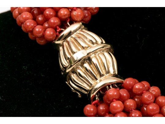 Fabulous Coral Torsade Choker Necklace, With A 14k Yellow Gold Clasp