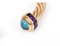 14k Yellow Gold Pretty Cable Cuff Bracelet, Set With Cabachon Blue Topaz And Square Amethyst Ends