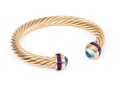 14k Yellow Gold Pretty Cable Cuff Bracelet, Set With Cabachon Blue Topaz And Square Amethyst Ends