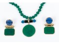 14k Yellow Gold Handsome Green And Blue Chalcedecony Earrings And Necklace Set