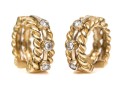 14k Yellow Gold Twisted Huggie Style Hoop Earrings, Diamond Set, Approximately 0.12 TCW