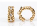 14k Yellow Gold Twisted Huggie Style Hoop Earrings, Diamond Set, Approximately 0.12 TCW