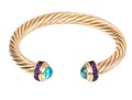 14k Yellow Gold Pretty Cable Cuff Bracelet, Set With Cabachon Blue Topaz And Square Amethyst Ends