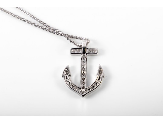 14k White Gold Diamond Anchor Pendant Necklace