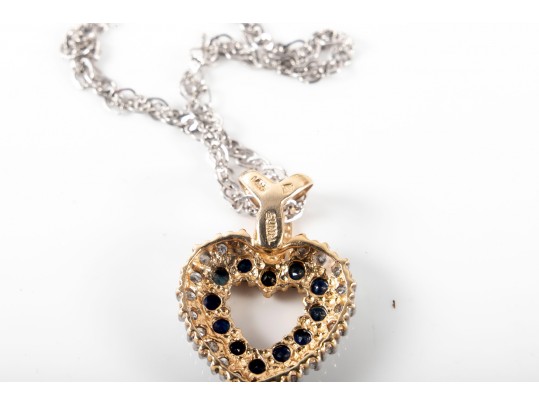 14k Yellow And White Gold Sapphire And Diamond Heart Pendant Necklace