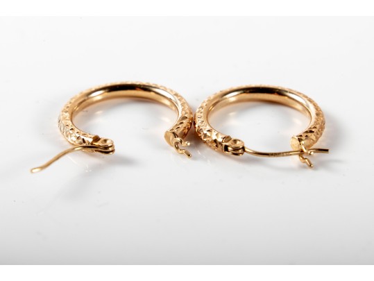 14k Yellow Gold Textured Hoop Earrings