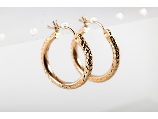 14k Yellow Gold Textured Hoop Earrings