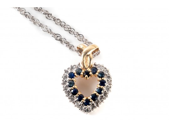 14k Yellow And White Gold Sapphire And Diamond Heart Pendant Necklace