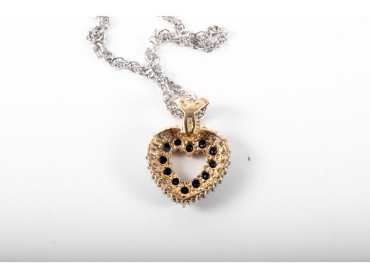 14k Yellow And White Gold Sapphire And Diamond Heart Pendant Necklace