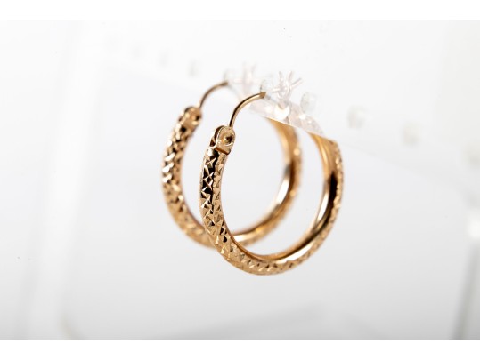 14k Yellow Gold Textured Hoop Earrings