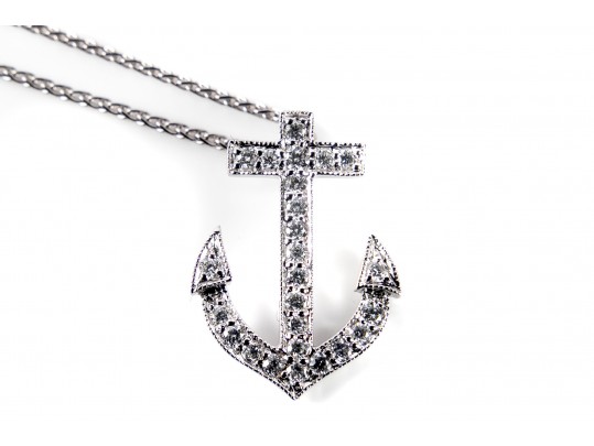 14k White Gold Diamond Anchor Pendant Necklace