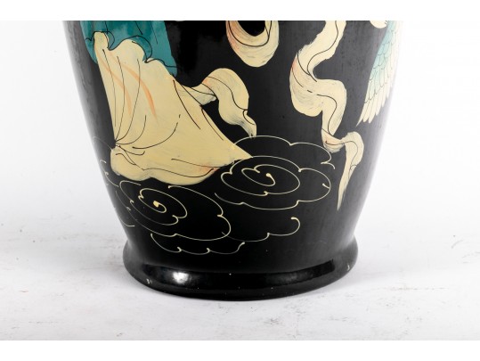 Hand-Painted Famille Noire Ceramic Floor Vase
