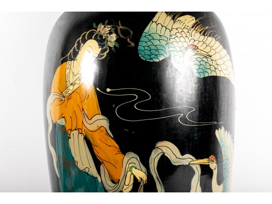 Hand-Painted Famille Noire Ceramic Floor Vase