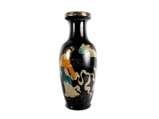 Hand-Painted Famille Noire Ceramic Floor Vase
