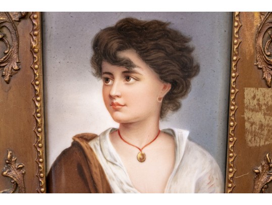 Antique German Hand Painted Porcelain Portrait Bust Plaque, Framed