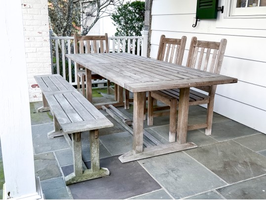 Wood Classics Teak Table With Three Chairs And Bench