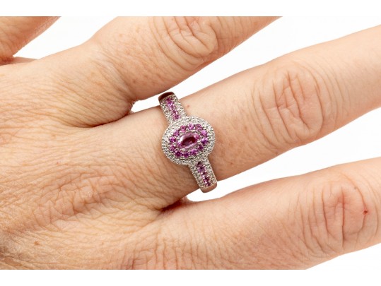 14K White Gold, Pink Sapphire And Diamond Ring, Size 11+