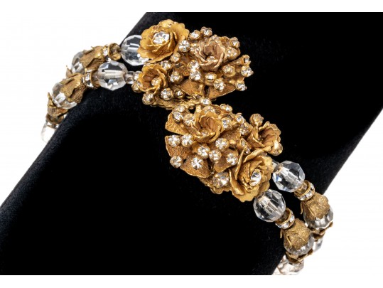 MIriam Haskell Stunning Double Row Crystal And Flower Bracelet And Earrings Set