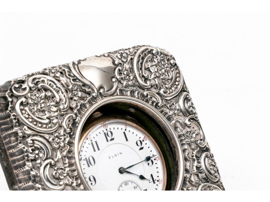 English Vintage Sterling Repousse Pocketwatch Holder With Gold Filled Elgin Watch