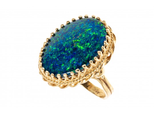 14k Yellow Gold Stunning Blue Green Opal Doublet Ring, Size 5.5