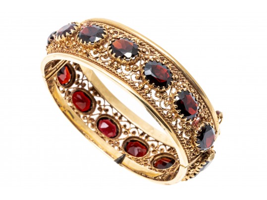 14kyg Spectacular Subari Brothers Vintage Wide Filigree Garnet Bangle Bracelet