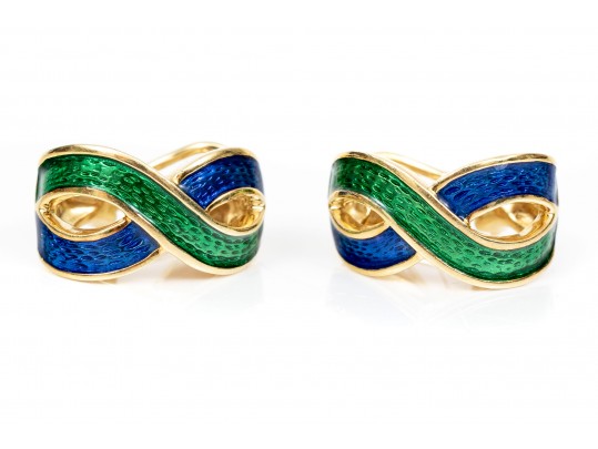 Vibrant Blue And Green Enamel 18K Earrings 