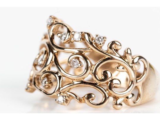 Stunning 10K Open Scrollwork And Diamond Ring, Size 7.5