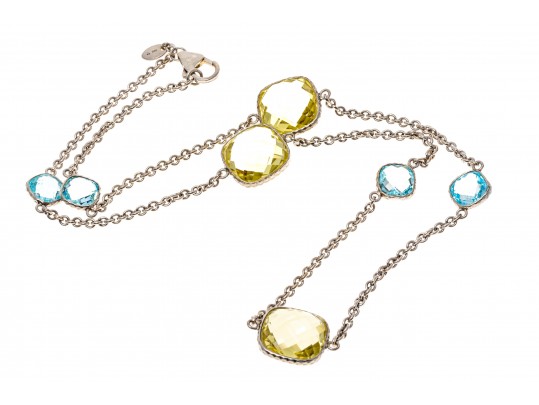 999 Fine Silver Peridot And Topaz Stationed Necklace