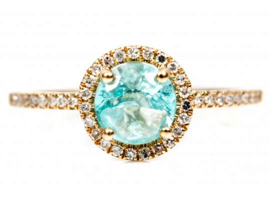 10K Blue Glass And Diamond Halo Ring, Size 6.75-