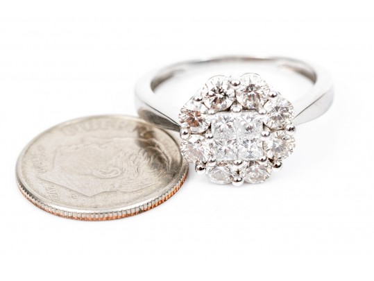 14K White Gold Radiant Princess And Round Brilliant Cut Diamond Cluster Ring, Size 7.25