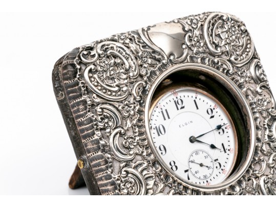 English Vintage Sterling Repousse Pocketwatch Holder With Gold Filled Elgin Watch