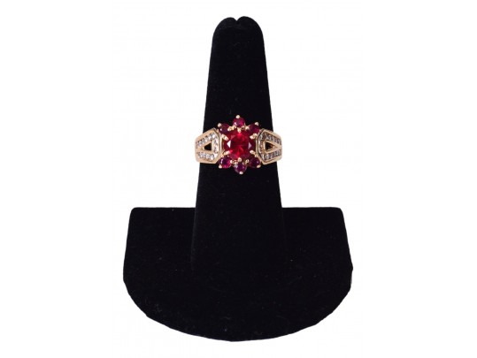 14K Yellow Gold Synthetic Ruby And Diamond Ring, Size 7.75 *UPDATED*
