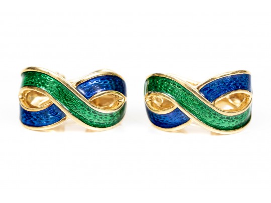 Vibrant Blue And Green Enamel 18K Earrings 