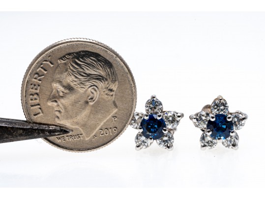 14k White Gold Stunning Round Sapphire And Diamond Halo Earring