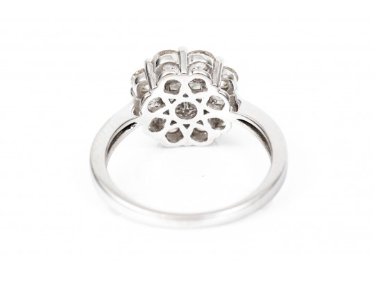 14K White Gold Radiant Princess And Round Brilliant Cut Diamond Cluster Ring, Size 7.25