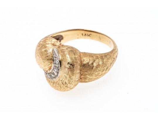 14k Yellow Gold Vintage Diamond Swirl Dome Ring, Florentine Finished, Size 6.75