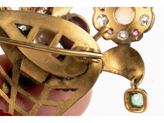 Pretty Antique 14k Yellow Gold Diamond And Gemstone Basket And Flower Motif Brooch