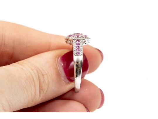 14K White Gold, Pink Sapphire And Diamond Ring, Size 11+