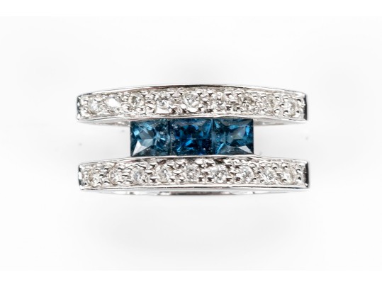 Unique 14K White Gold Diamond And Sapphire Lozenge Shaped Pendant