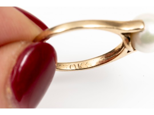 Collection Of 14K And Cultured Pearl Necklace, Earrings And Ring, Size 6