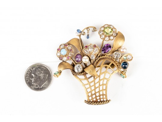 Pretty Antique 14k Yellow Gold Diamond And Gemstone Basket And Flower Motif Brooch