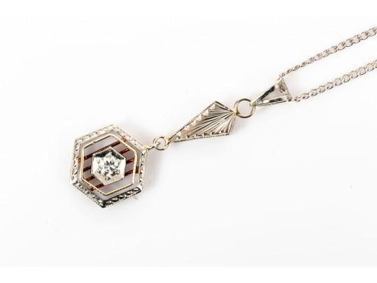 14K White Gold Vintage Style Diamond Drop Pendant Necklace