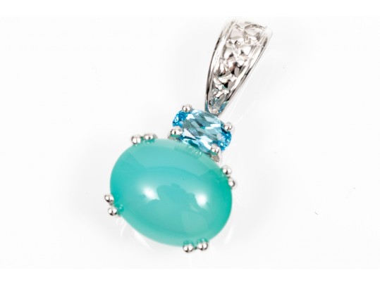 14K White Gold Blue Chalcodney And Topaz Pendant