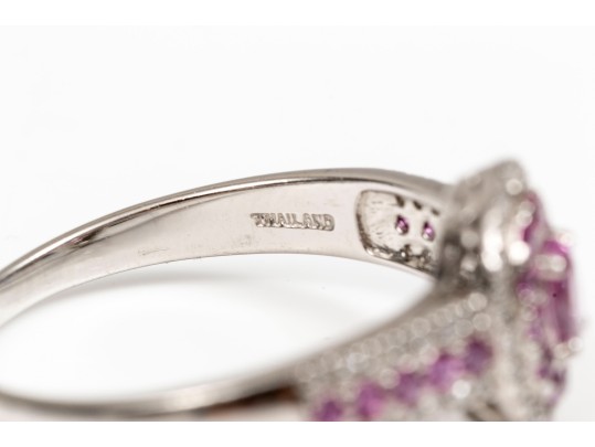 14K White Gold, Pink Sapphire And Diamond Ring, Size 11+