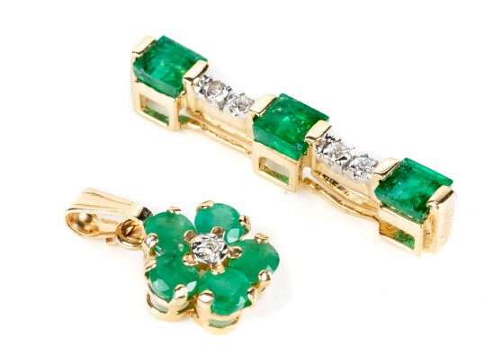 Two Petite 14K Emerald And Diamond Pendants