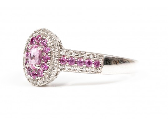 14K White Gold, Pink Sapphire And Diamond Ring, Size 11+