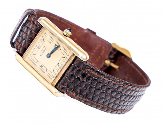 Cartier Sterling Silver Vermeil Small Must De Cartier Tank Watch, With Strap